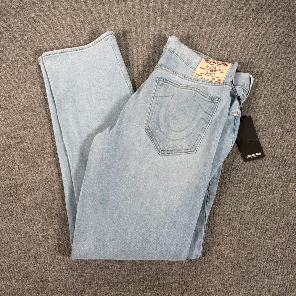 True Religion Ricky Relaxed Straight Jeans Light Blue Suede Wash 36x34 NWT #5077